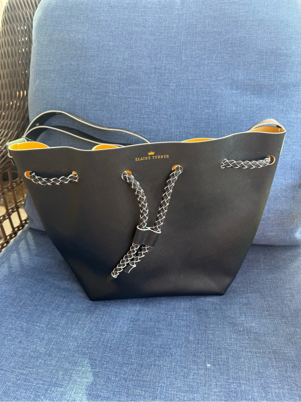 Elaine Turner Black Tote with Yellow Interior and Braided Drawstring